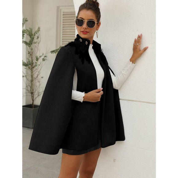 Contrast Feather collar open front Tweed Cape pea Coat gray - Picture 11 of 11